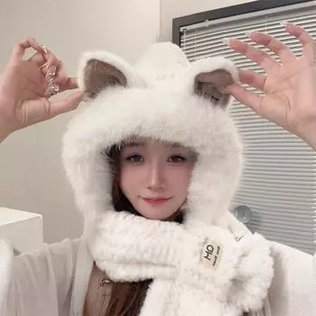 Комплект из 2-х шапок и шарфов для женщин с меховыми ушками лисы, шапка-бини, зимняя плюшевая толстая цельная шапка для отдыха на открытом воздухе, ветрозащитная теплая лыжная шапка one size белый