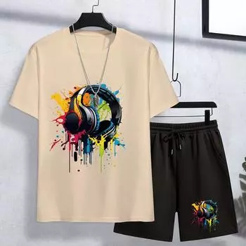 Комплект из 2 модных красочных футболок с принтом для наушников и шорт для мальчика, повседневный наряд, летний наряд 100