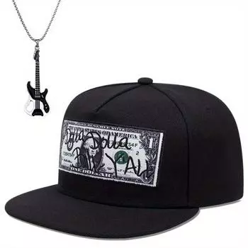 Комплект из 2 мужских бейсболок, ожерелье, шляпа в стиле хип-хоп в стиле Европы и США, шляпа с плоскими полями, модная шляпа в стиле хип-хоп с подвеской, ожерелье для отдыха, шляпа от солнца чёрный