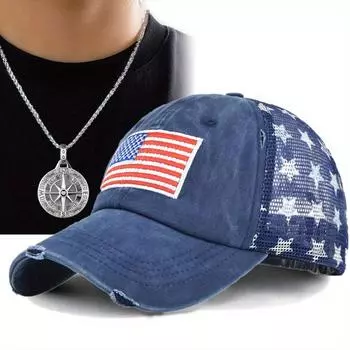 Комплект из 2 мужских бейсболок, ожерелье, кепка с американским флагом, вышитый утиный язычок, сотни солнцезащитных очков, модная повседневная пара, ожерелье с подвеской, кепка-тени темно-серого