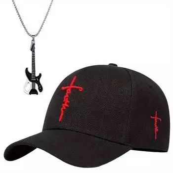 Комплект из 2 мужских бейсболок, ожерелье, модная вышивка, индивидуальный крест, меч, сотня с хип-хоп мужской масляной гитарой, ожерелье, кулон, шляпа от солнца чёрный