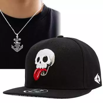Комплект из 2 мужских бейсболок, ожерелье, шляпа с плоскими полями, модная вышивка, хип-хоп шляпа от солнца, ожерелье с подвеской в виде черепа, лодки, якоря, уличная спортивная кепка темно-синий