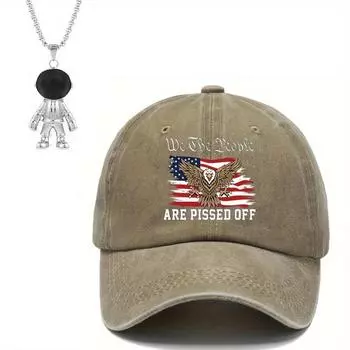 Комплект из 2 мужских бейсболок, ожерелье с принтом американского флага, бейсболка, модное маленькое ожерелье с подвеской в виде космонавта, спортивная шляпа от солнца, шляпа Netflix темно-синий