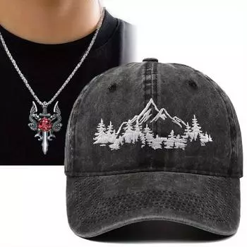 Комплект из 2 мужских бейсболок, ожерелья, вышитых шляп с утиным язычком, сетчатая шляпа от солнца, солнцезащитная шляпа Trucker, ожерелье с подвеской в виде рубинового креста, спортивная кепка для пары чёрный