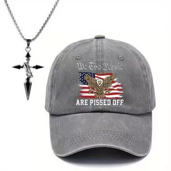 Комплект из 2 мужских бейсболок, ожерелий, американская винтажная уличная шляпа с принтом орла, модный индивидуальный дизайн, ожерелье с крестом, кулон, парная кепка темно-синий