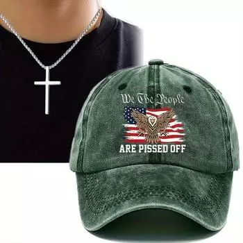 Комплект из 2 мужских бейсболок, ожерелий, американский стиль, шляпа от солнца с принтом, модная подвеска в виде креста, шляпа от солнца для пары темно-синий