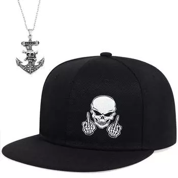 Комплект из 2 мужских бейсболок, ожерелий, хип-хоп, вышитая шляпа с утиным язычком, повседневная шляпа с плоским краем, модная шляпа с подвеской в виде черепа и якоря, солнцезащитная шляпа чёрный