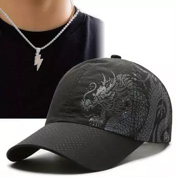 Комплект из 2 мужских бейсболок, ожерелий, модная быстросохнущая сетчатая шляпа от солнца с принтом дракона и подвеской в виде молнии, шляпа от солнца чёрный