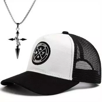 Комплект из 2 мужских бейсболок, ожерелий, уличная мода, круглая этикетка, замшевый наружный индивидуальный дизайн, крест, ожерелье с подвеской, повседневная шляпа от солнца чёрный