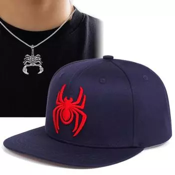 Комплект из 2 мужских бейсболок, ожерелий, вышитых кепок в стиле хип-хоп, шляп с плоскими полями, спортивная мода, ожерелье с подвеской в виде скорпиона, повседневная кепка с утиным язычком темно-синий