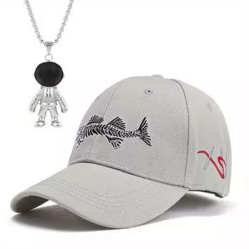 Комплект из 2 мужских бейсболок, ожерелий, вышитых рыб, солнцезащитных кепок, уличных камуфляжных солнцезащитных кепок с утиным язычком, ожерелье с подвеской в виде космонавта, повседневная сетчатая кепка серый