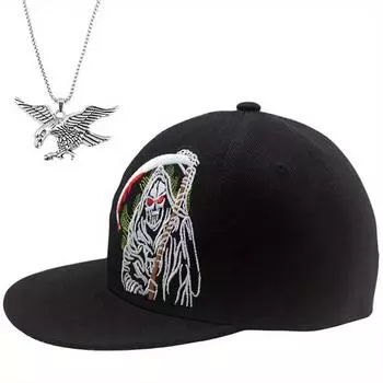 Комплект из 2 мужских бейсболок с ожерельем, модная вышивка, кепка в стиле хип-хоп с плоскими полями, спортивная кепка с орлом, модель Senior Sense, ожерелье с подвеской, шляпа от солнца чёрный