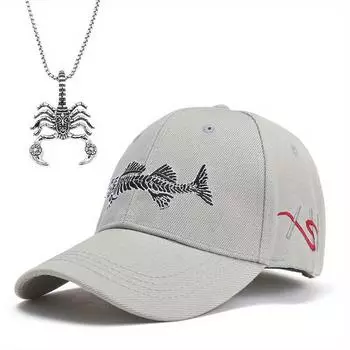 Комплект из 2 мужских бейсболок с ожерельем, вышитая рыбка, бейсболка, камуфляжная шляпа от солнца, повседневная кепка с козырьком от солнца и подвеска на шею серый