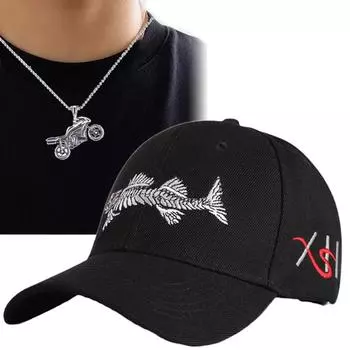 Комплект из 2 мужских бейсболок с ожерельем, вышитыми рыбками, камуфляжная кепка для отдыха на открытом воздухе, мотоциклетные модели из титановой стали, ожерелье с подвеской, шляпа от солнца серый
