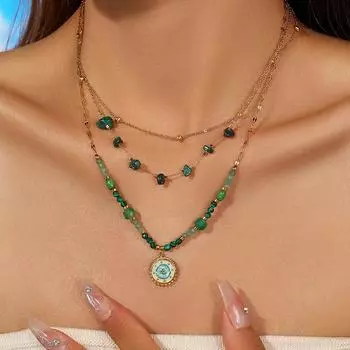 Комплект из 2 ожерелий в стиле бохо с синими бирюзовыми бусинами зелёный