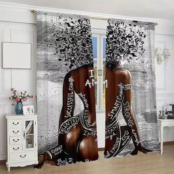 Комплект из 2 панелей для штор в эклектичном стиле с принтом в виде черно-золотых африканских фигур и карманами для оконных штор для гостиной 100W130H(CM)40x51in&rod pocket