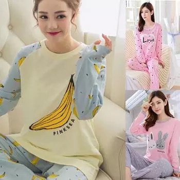 Комплект из 2 пижам для женщин с длинными рукавами, мультяшный хлопок, домашняя одежда для женщин, весна-осень, домашняя одежда, модная домашняя одежда M темно серый