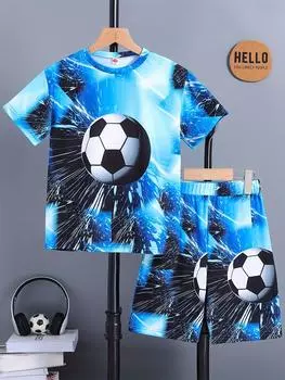 Комплект из 2 повседневных футболок с короткими рукавами и шорт с футбольным 3D-графическим принтом для мальчиков, удобная летняя одежда для мальчиков S
