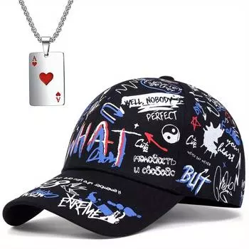 Комплект из 2 предметов: бейсболка для мужчин и женщин, ожерелье, модная повседневная кепка с утиным язычком, игральная карта, кулон, ожерелье, спортивная шляпа от солнца