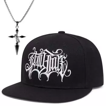 Комплект из 2 предметов: бейсболка, кепка, ожерелье, модная готическая вышитая шляпа с плоскими полями в стиле хип-хоп, крест, кулон, ожерелье, шляпа от солнца чёрный