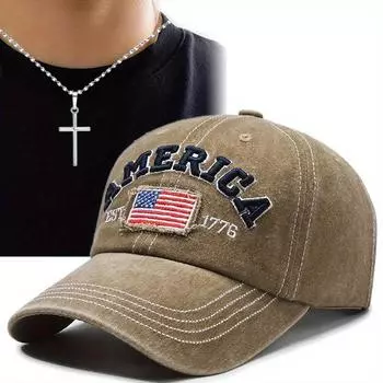 Комплект из 2 предметов: бейсболка, кепка с язычком, модное ожерелье с американским флагом, кулон с крестом, спортивная шляпа от солнца чёрный