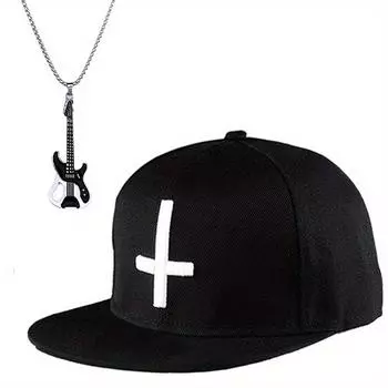 Комплект из 2 предметов: бейсболка, ожерелье, модная шляпа в стиле хип-хоп, вышитая крестом, скейтбординг, плоская шляпа, крутая крутая гитара, ожерелье, кулон, шляпа от солнца чёрный