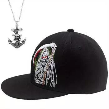 Комплект из 2 предметов: бейсболка, ожерелье, модная вышивка, плоские поля, бейсболка в стиле хип-хоп, спортивная кепка для активного отдыха, шляпа в стиле хип-хоп, ожерелье с подвеской в виде креста, шляпа от солнца чёрный