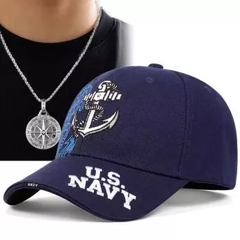Комплект из 2 предметов: бейсболка, ожерелье, лодка, якорь, вышивка, бейсболка, повседневная, кепка с баской, кепка с язычком, диск, компас, ожерелье, кулон, спорт чёрный