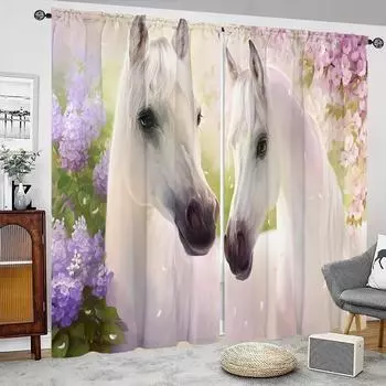 Комплект из 2 предметов, белые шторы с принтом в виде бабочки, лошади и цветка, дизайн кармашка для гостиной, спальни, кабинета, универсального домашнего декора (W50cmxH130cm)x2&Rod Pocket