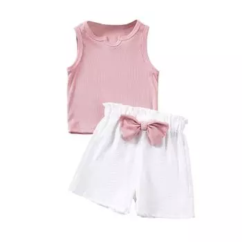 Комплект из 2 предметов без рукавов для девочек - Топ с круглым вырезом и шорты с бантом 110 розовый