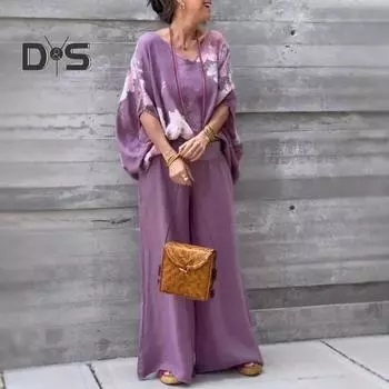 Комплект из 2 предметов: блузка, брюки, V-образный вырез, рукава «летучая мышь», свободный топ с цветочным принтом, широкие брюки с эластичной резинкой на талии, повседневный наряд для поездок на работу и путешествий XXL коричневый