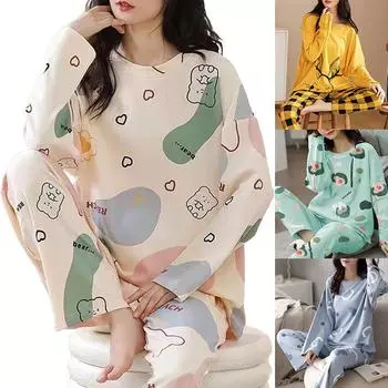 Комплект из 2 предметов: блузка с принтом из мультфильмов, длинные брюки, свободная пижама с длинным рукавом и эластичным поясом, одежда для сна для девочек M