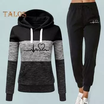 Комплект из 2 предметов: брюки с капюшоном, осенне-зимний комплект с принтом, накладными карманами на шнурке, эластичным поясом на шнурке, присборенными до щиколотки брюками, женский спортивный костюм, спортивный наряд 3XL чёрный