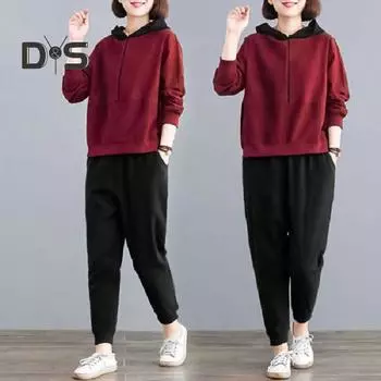 Комплект из 2 предметов: брюки с капюшоном, застежка-молния, длинный рукав, капюшон, свободный, толстый, эластичный, с резинкой на щиколотке, однотонный, мягкий, теплый, женский комплект с верхом и брюками, осень-зима 2XL серый