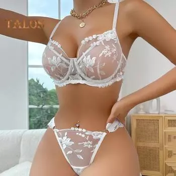 Комплект из 2 предметов: бюстгальтер, трусики, прозрачное кружево, вышивка, тонкая проволочная тесьма, высокая талия, комплект нижнего белья для брачной ночи, медового месяца, Дня святого Валентина XL чёрный