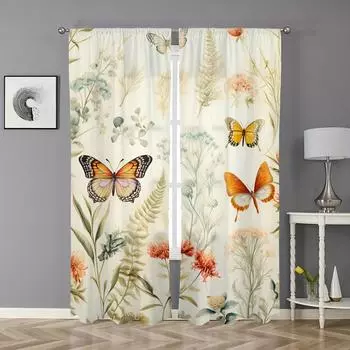 Комплект из 2 предметов, цветочные ботанические бабочки, принт, шторы, карниз, дизайн, полиэстер, для спальни, гостиной, напольные жалюзи на окна (W50cmxH130cm)x2&Rod Pocket