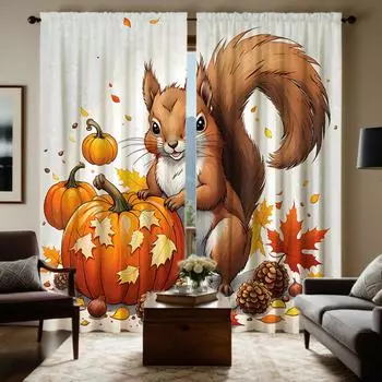 Комплект из 2 предметов, декоративная занавеска в виде тыквы и сосны на День благодарения, желтая занавеска с цифровой печатью, стиль домашнего декора, украшение для гостиной W52H63inchW132H160cm