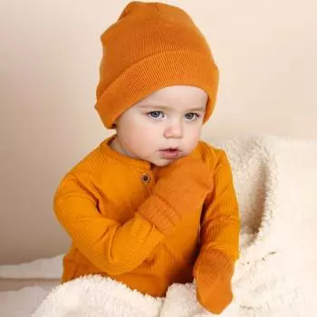 Комплект из 2 предметов: детская шапка и перчатки, вязаная однотонная эластичная шапочка, сохраняющая тепло, нескользящие варежки, унисекс, чепчик для малышей S