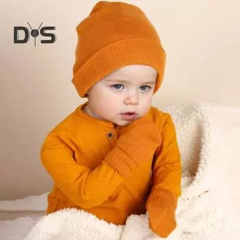 Комплект из 2 предметов: детская шапка и перчатки, вязаная однотонная эластичная шапочка, сохраняющая тепло, нескользящие варежки, унисекс, чепчик для малышей S