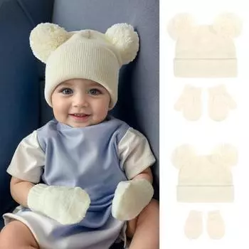 Комплект из 2 предметов: детская шапка и перчатки, эластичная трикотажная толстая однотонная шапка с рисунком в виде мультяшных ушей, сохраняет тепло для малышей и младенцев в холодную погоду