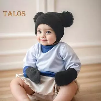 Комплект из 2 предметов: детская шапка и перчатки, эластичная трикотажная толстая однотонная шапка с рисунком в виде мультяшных ушей, сохраняет тепло для малышей и младенцев в холодную погоду