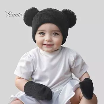 Комплект из 2 предметов: детская шапка и перчатки, эластичная трикотажная толстая однотонная шапка с рисунком в виде мультяшных ушей, сохраняет тепло для малышей и младенцев в холодную погоду