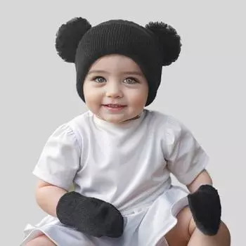 Комплект из 2 предметов: детская шапка и перчатки, эластичная трикотажная толстая однотонная шапка с рисунком в виде мультяшных ушей, сохраняет тепло для малышей и младенцев в холодную погоду