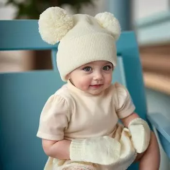 Комплект из 2 предметов: детская шапка и перчатки, эластичная трикотажная толстая однотонная шапка с рисунком в виде мультяшных ушей, сохраняет тепло для малышей и младенцев в холодную погоду