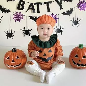 Комплект из 2 предметов: детский комбинезон и штаны с принтом тыквы в стиле Хэллоуина, длинные рукава, плиссированный воротник, реквизит для фотосъемки, костюм для девочки M