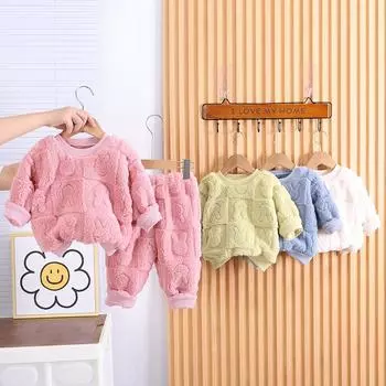 Комплект из 2 предметов детской пижамы осень-зима толстый теплый однотонный с круглым вырезом для мальчиков и девочек термобелье с длинными рукавами 80cm синий