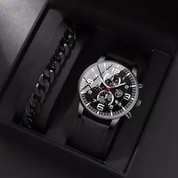 Комплект из 2 предметов DEYROS, повседневные мужские часы, модные мужские часы с календарем, большой циферблат, деловой мужской кожаный ремешок, кварцевые часы и ожерелье