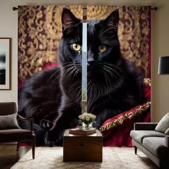 Комплект из 2 предметов, диван HD на черном фоне, декоративная занавеска с изображением кота, черная занавеска с цифровой печатью, украшение для дома, стиль, украшение для гостиной W52H63inchW132H160cm
