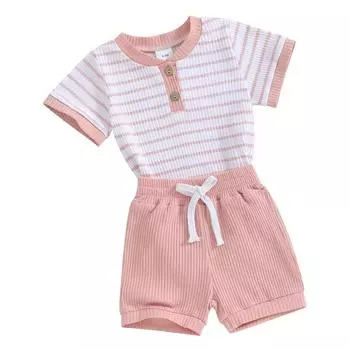 Комплект из 2 предметов для детей 3, 6, 9, 12, 18 месяцев, летний полосатый комбинезон с короткими рукавами и эластичные шорты, комплект для малышей, новорожденных девочек и мальчиков 0-3 Months синий