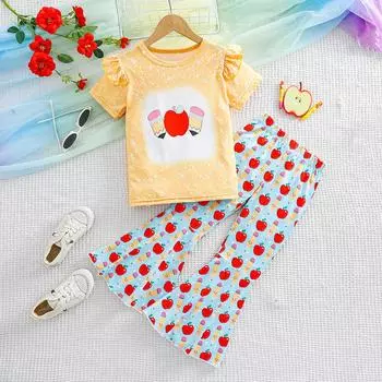 Комплект из 2 предметов для девочек: футболка с оборками, топ с коротким рукавом и расклешенные брюки с принтом карандаша 3-4Y